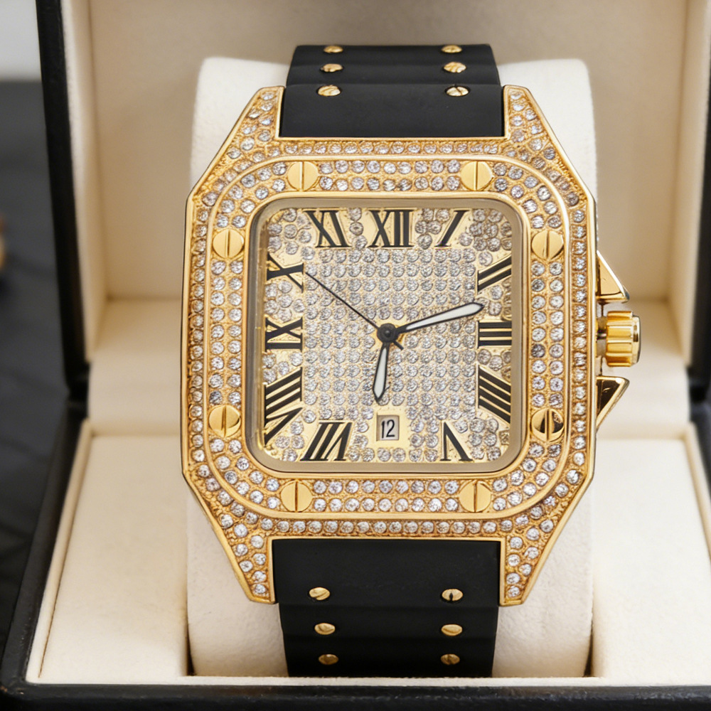 Hip Hop Iced Out Bling Square  – Luxury Watch With Rubber Strap recenzja i cena