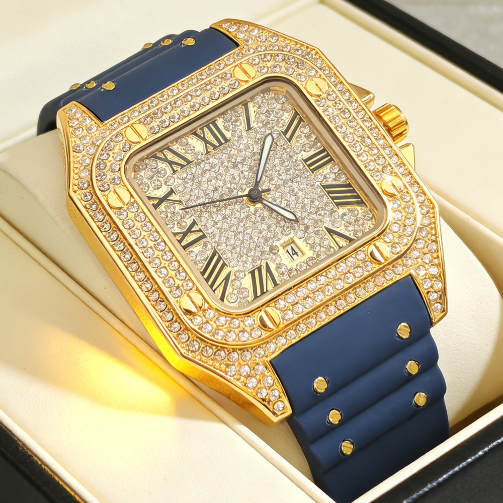 Hip Hop Iced Out Bling Square  – Luxury Watch With Rubber Strap recenzja i cena