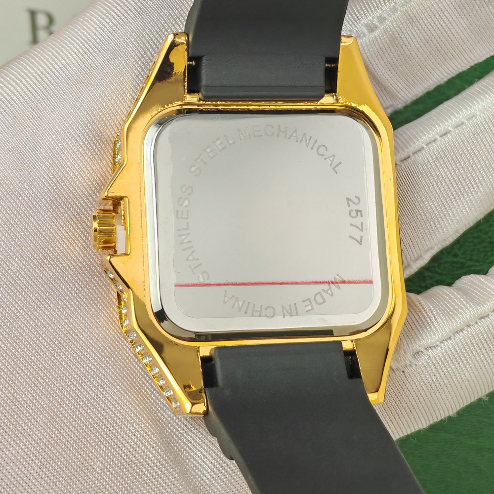 Hip Hop Iced Out Bling Square  – Luxury Watch With Rubber Strap recenzja i cena